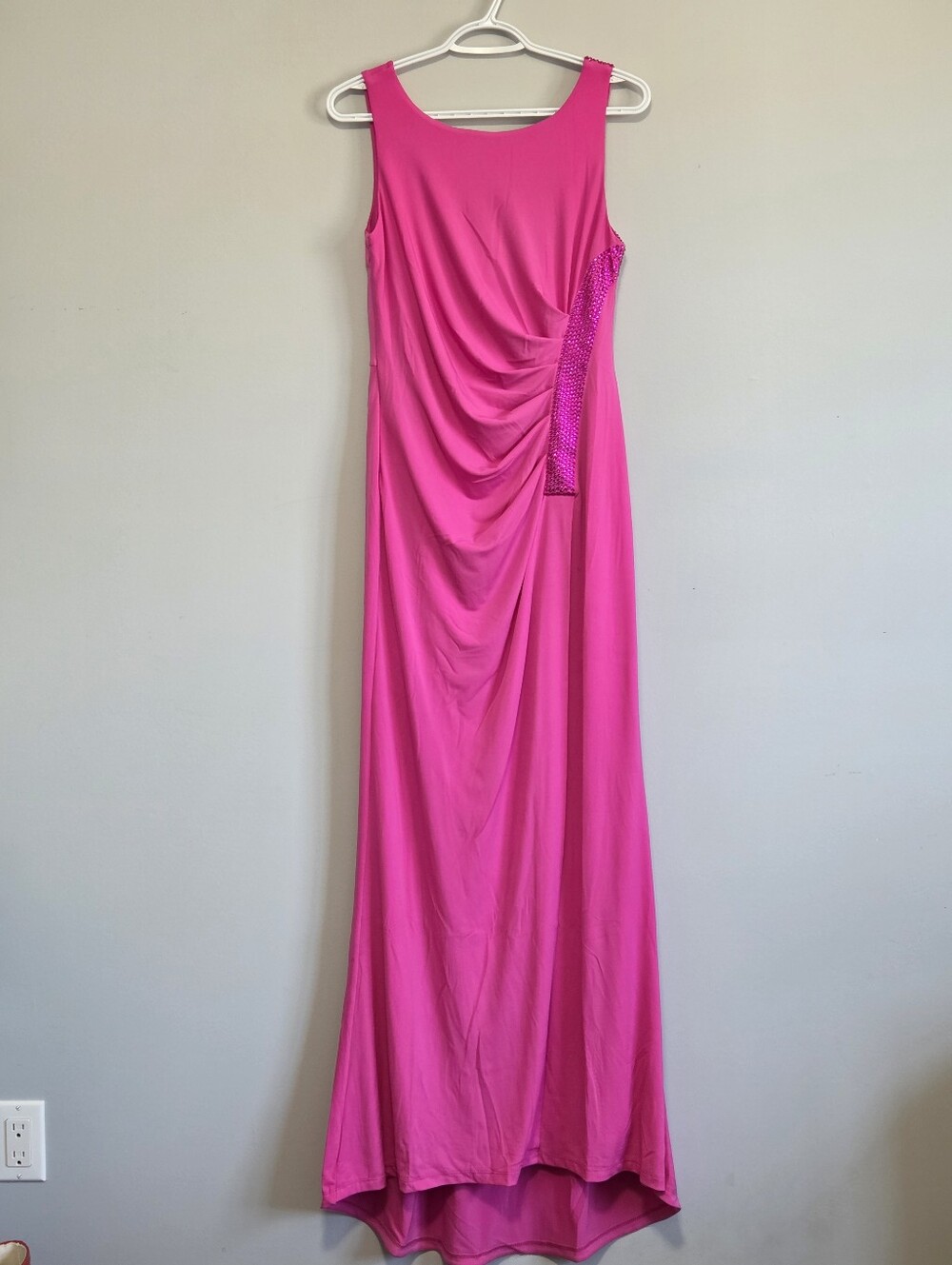 NWT Calvin Klein Hot Pink Ruched Maxi Gown Rhinestone Details High Low Size 8